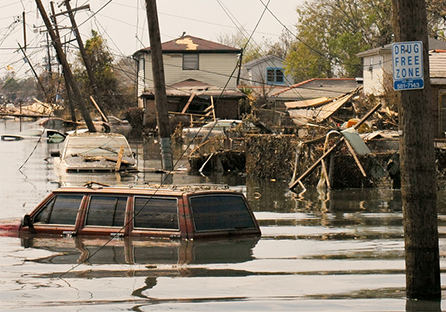 Photo of a devastated city after the aftermath of a natural disaster. The white and brown cars are halfway submered in flood water and there is debris floating in the water.